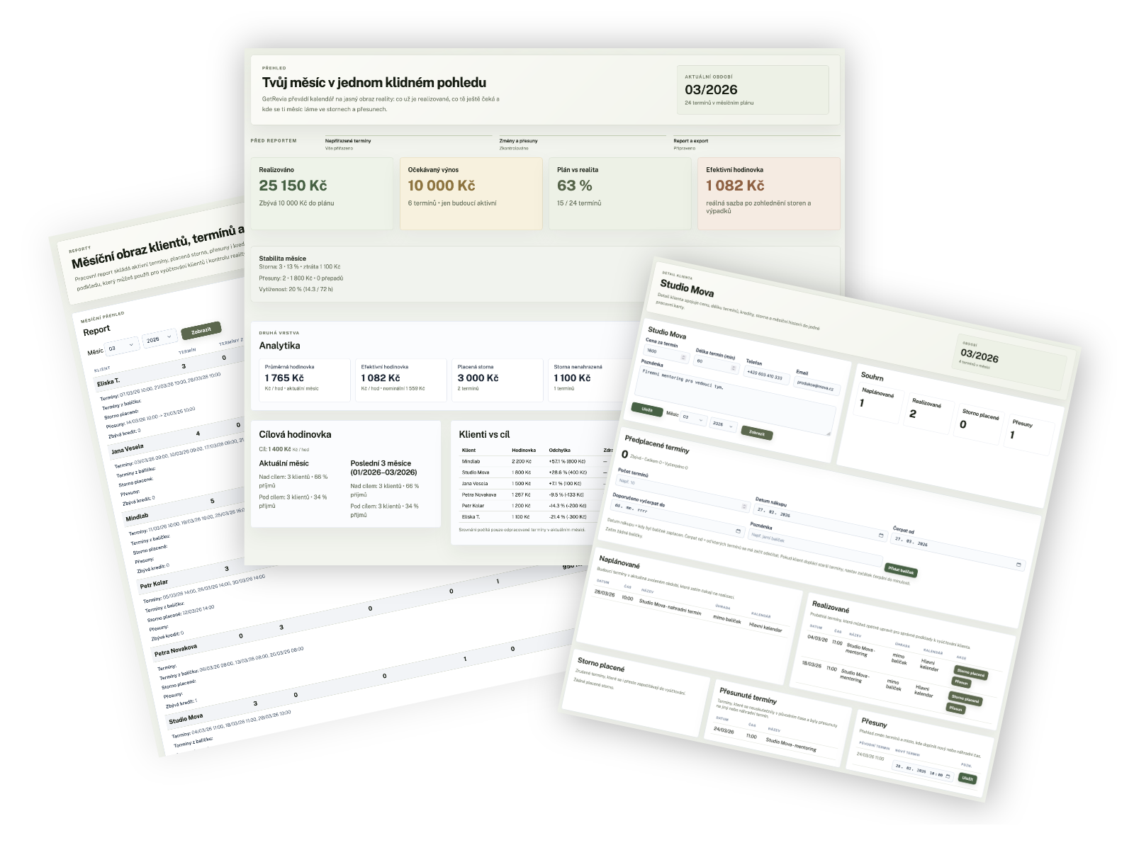 Koláž přehledu, reportu a klientské karty aplikace GetRevia